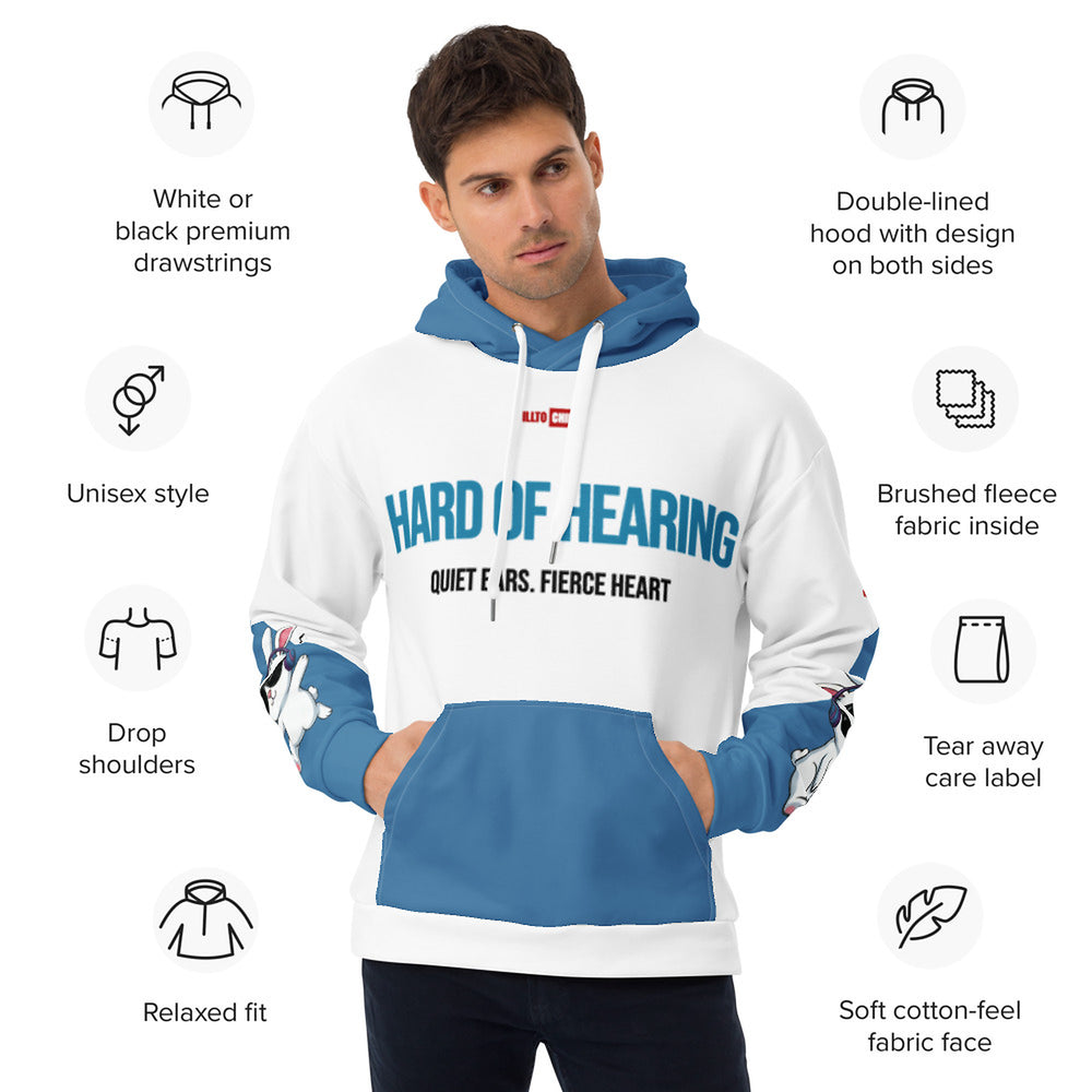 ILLTOCHILL Hard of hearing support gift for hearing impaired heavyweight Unisex hoodie – Product specs Front (White)