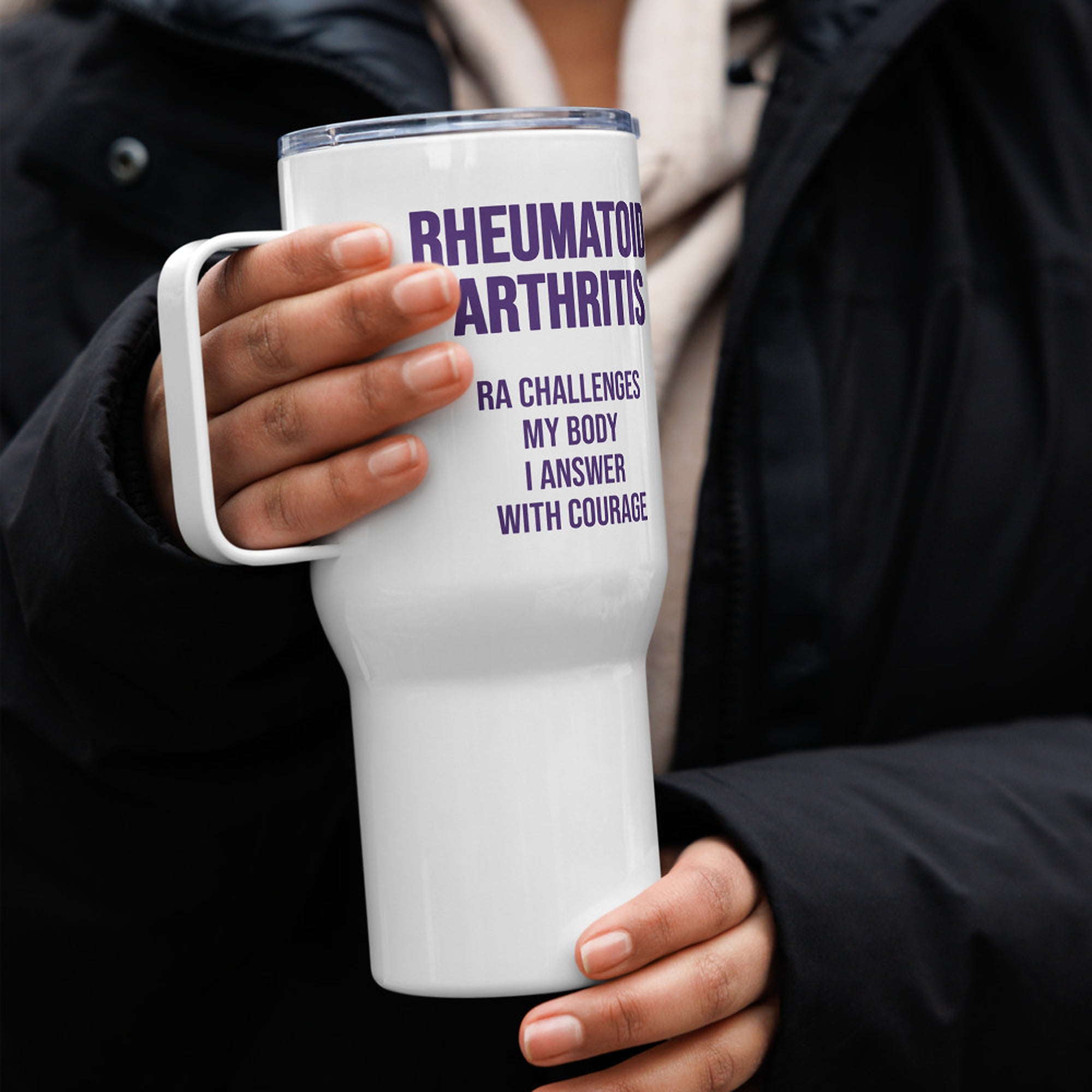 ILLTOCHILL RA awareness Rheumatoid Arthritis support gift Travel mug with a handle – Lifestyle 4 Right