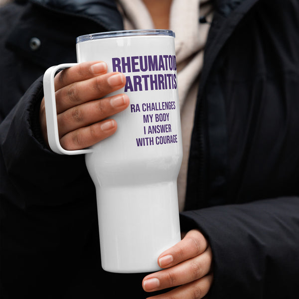 ILLTOCHILL RA awareness Rheumatoid Arthritis support gift Travel mug with a handle – Lifestyle 4 Right