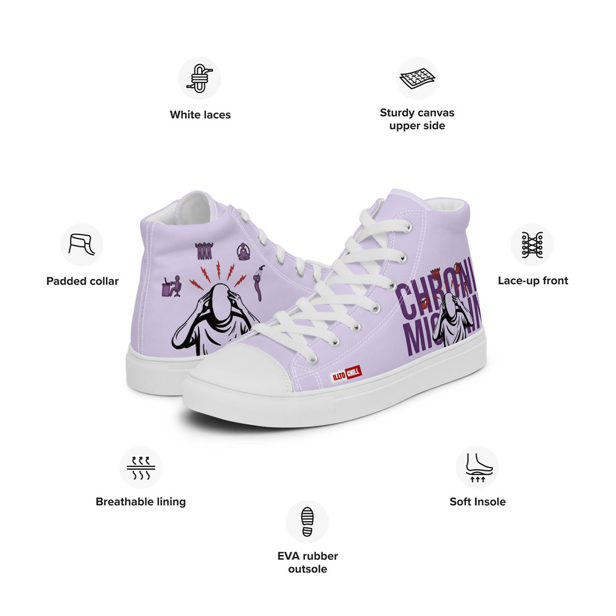 ILLTOCHILL Chronic Migraine awareness and support gift Men’s high top canvas shoes – Product specs Left #2
