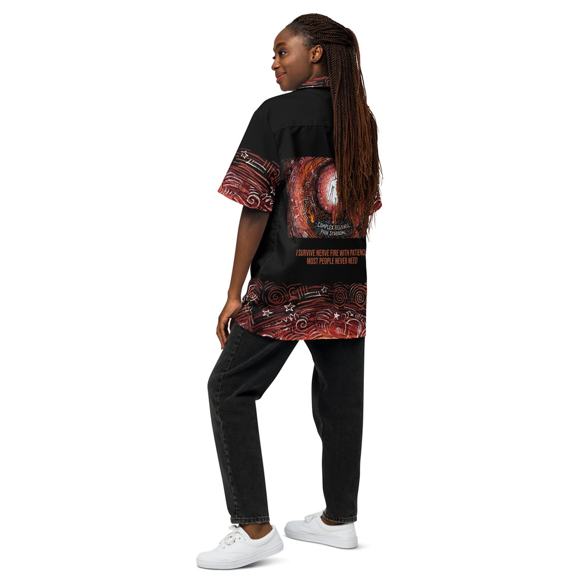 ILLTOCHILL CRPS awareness Complex Regional Pain Syndrome support Unisex button shirt – Women's Back (Black)