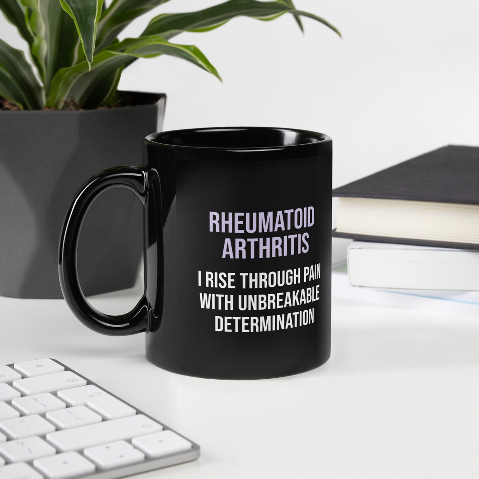 ILLTOCHILL RA awareness Rheumatoid Arthritis support gift Black Glossy Mug – Lifestyle 2 Handle on Left