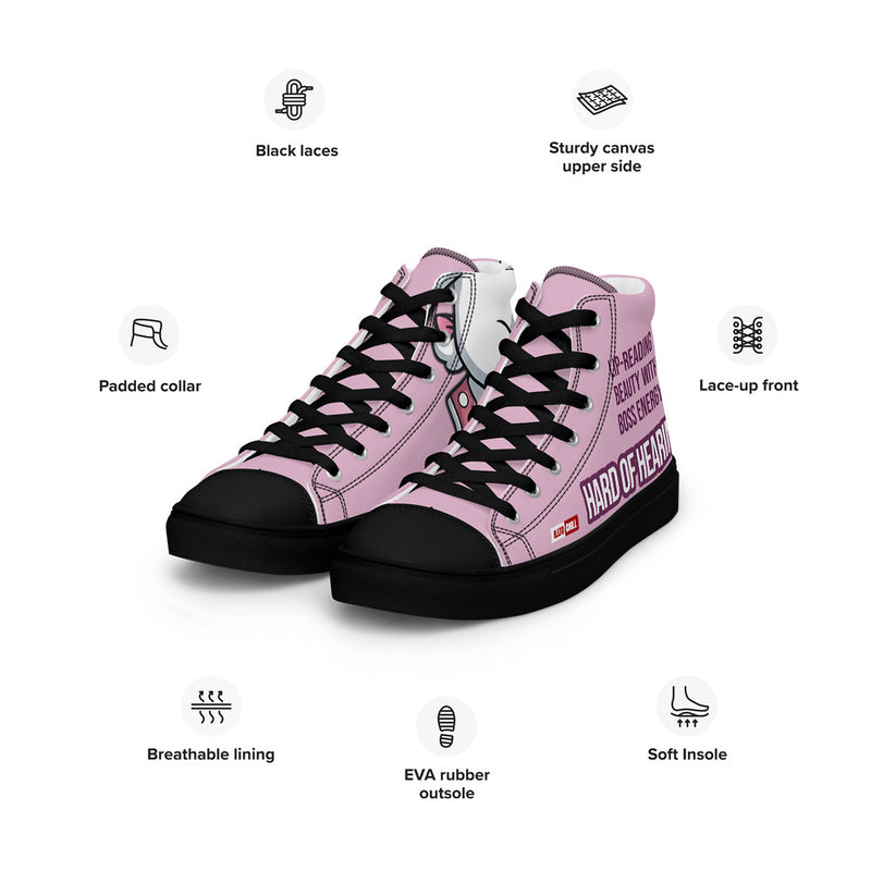 ILLTOCHILL Hard of Hearing Awareness Women's High Top Shoes – Product specs Left Front (Hard Of Hearing Awareness Women's High Top Shoes)