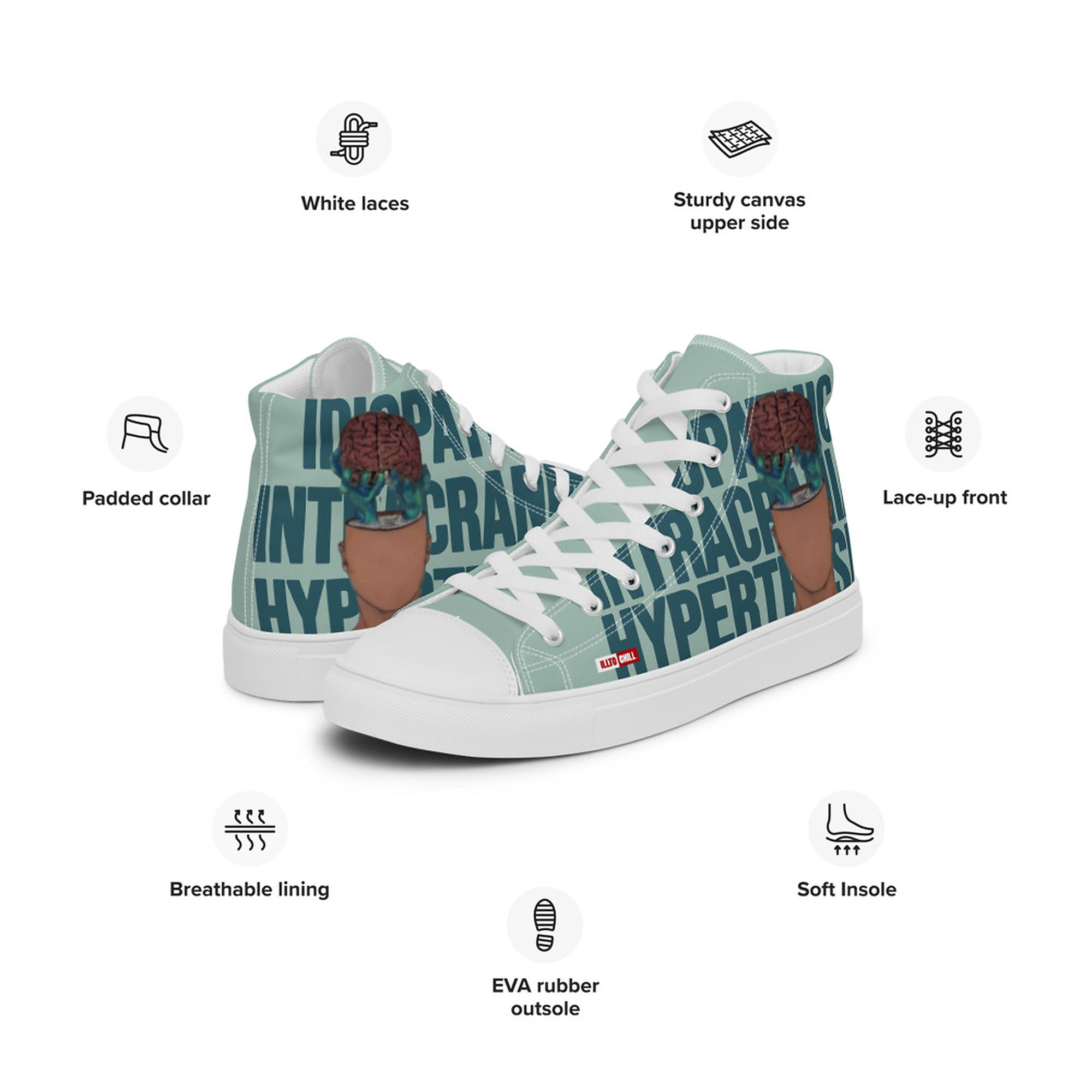 ILLTOCHILL IIH awareness Idiopathic support gift Men’s high top canvas shoes – Product specs Left #2