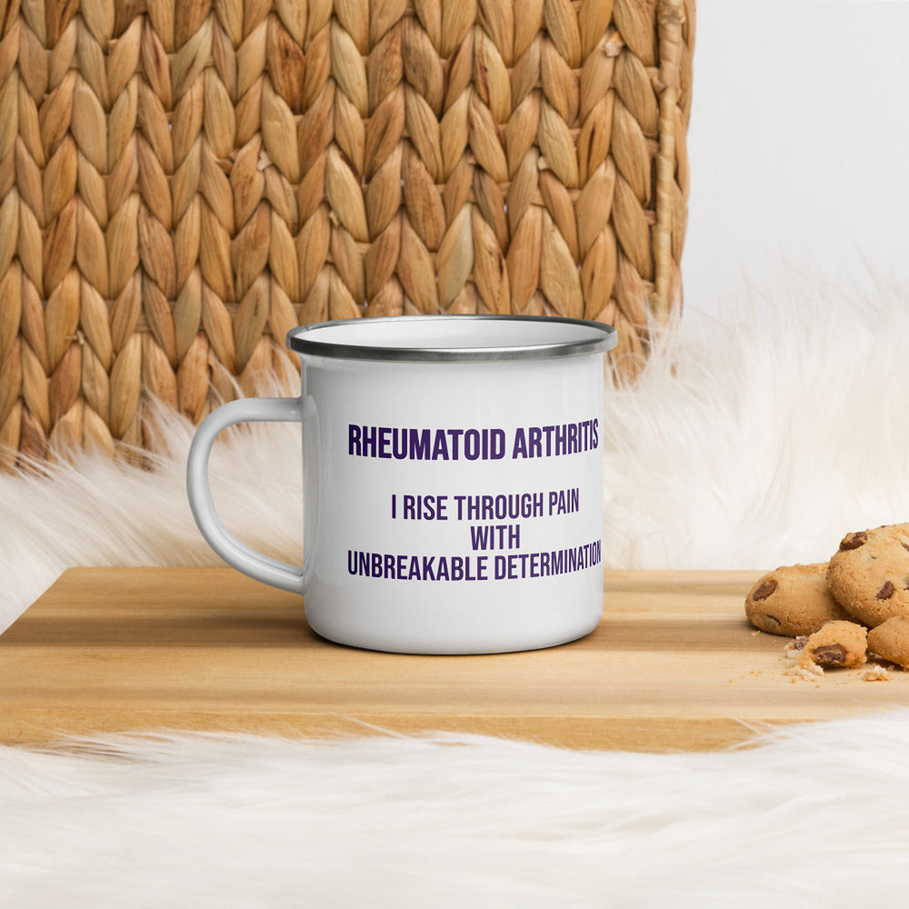 ILLTOCHILL RA awareness Rheumatoid Arthritis support gift Enamel Mug – Lifestyle 4 Left
