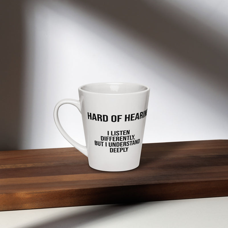 ILLTOCHILL Hard of hearing support gift for hearing impaired Latte mug – Lifestyle 2 Left