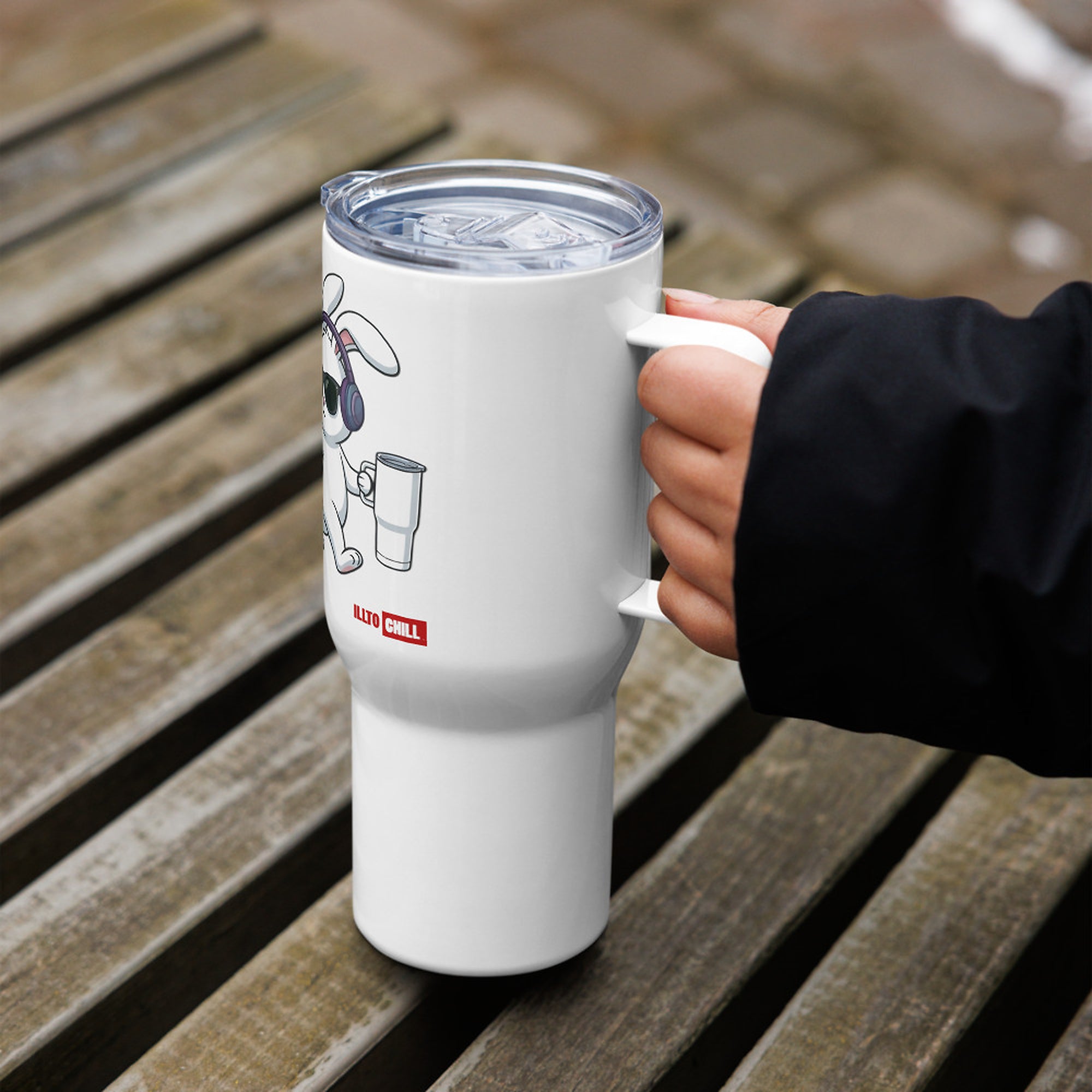 ILLTOCHILL Hard of hearing support gift for hearing impaired Travel mug with a handle – Lifestyle 6 Left