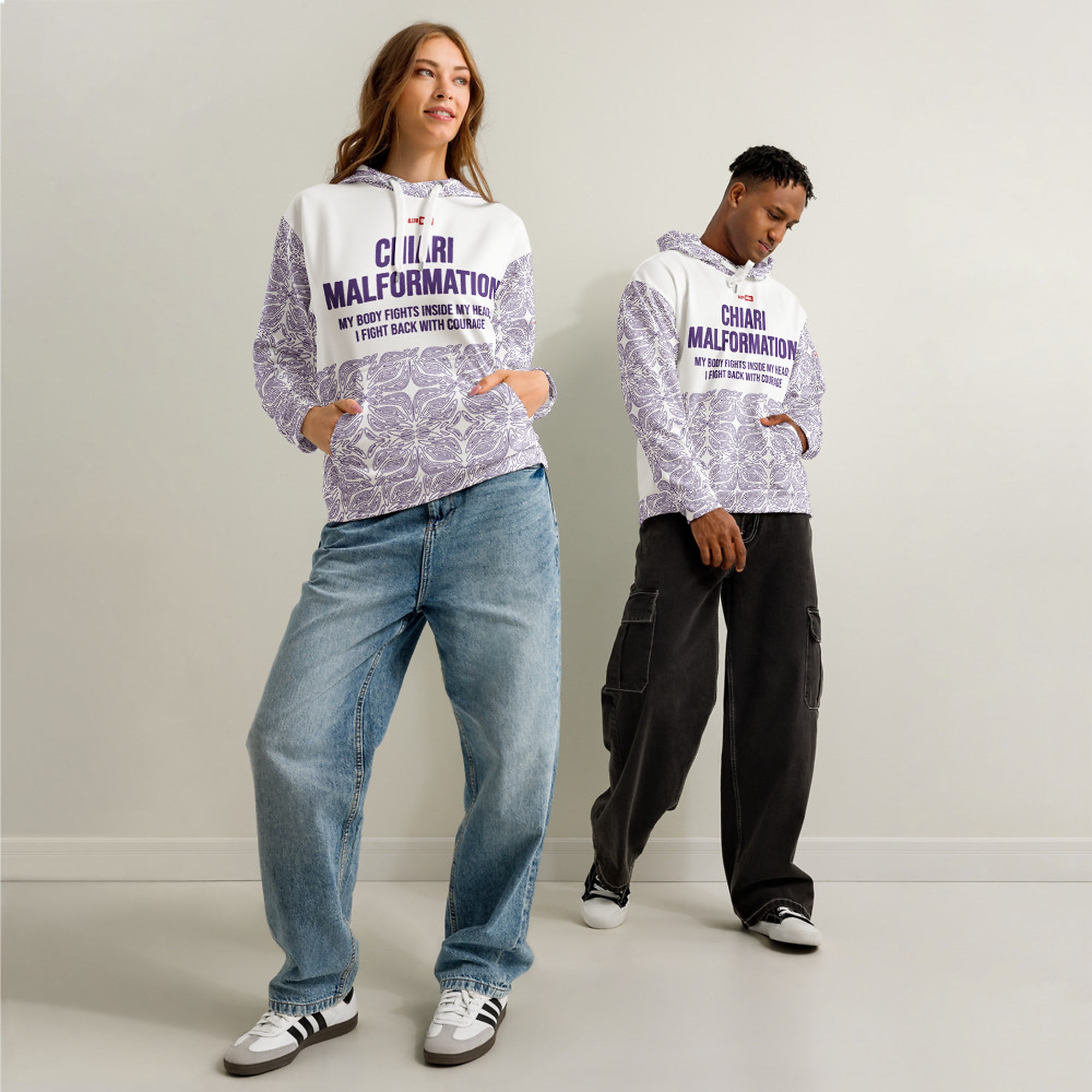 ILLTOCHILL CM Chiari Malformation awareness gift unisex cotton hoodie – Duet Front (White)