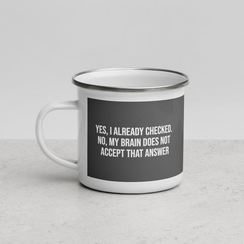 ILLTOCHILL OCD awareness Obsessive-Compulsive Disorder gift Enamel Mug – Lifestyle 3 Left