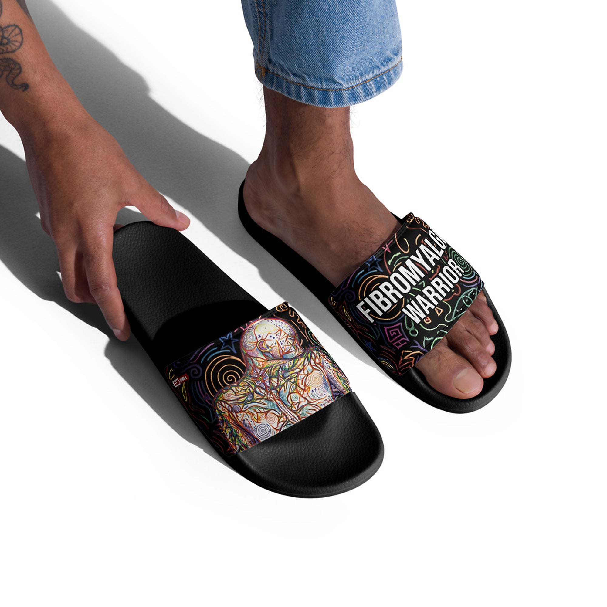 ILLTOCHILL Fibromyalgia Support Men's Slides – Men's Lifestyle 2 Right Front (Fibromyalgia Support Men's Slides)