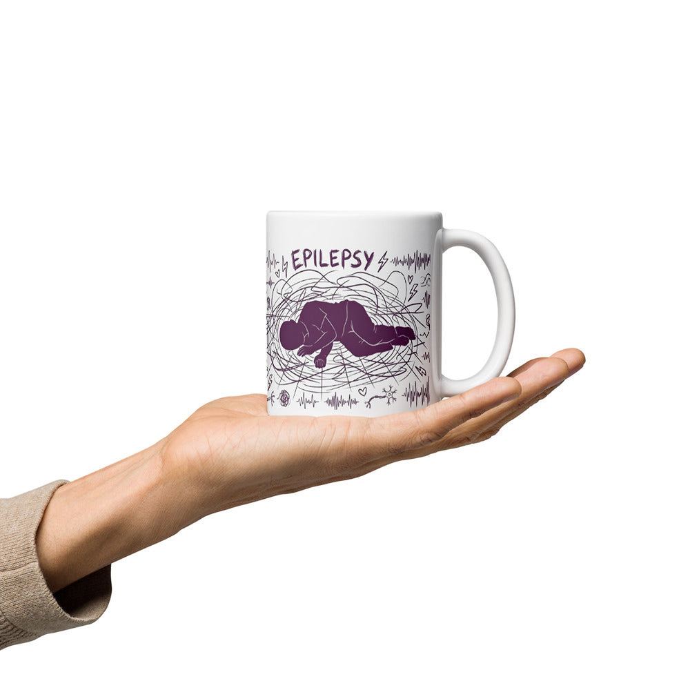 ILLTOCHILL Epilepsy awareness and support gift White glossy mug – Lifestyle 2, Premium Handle on Right