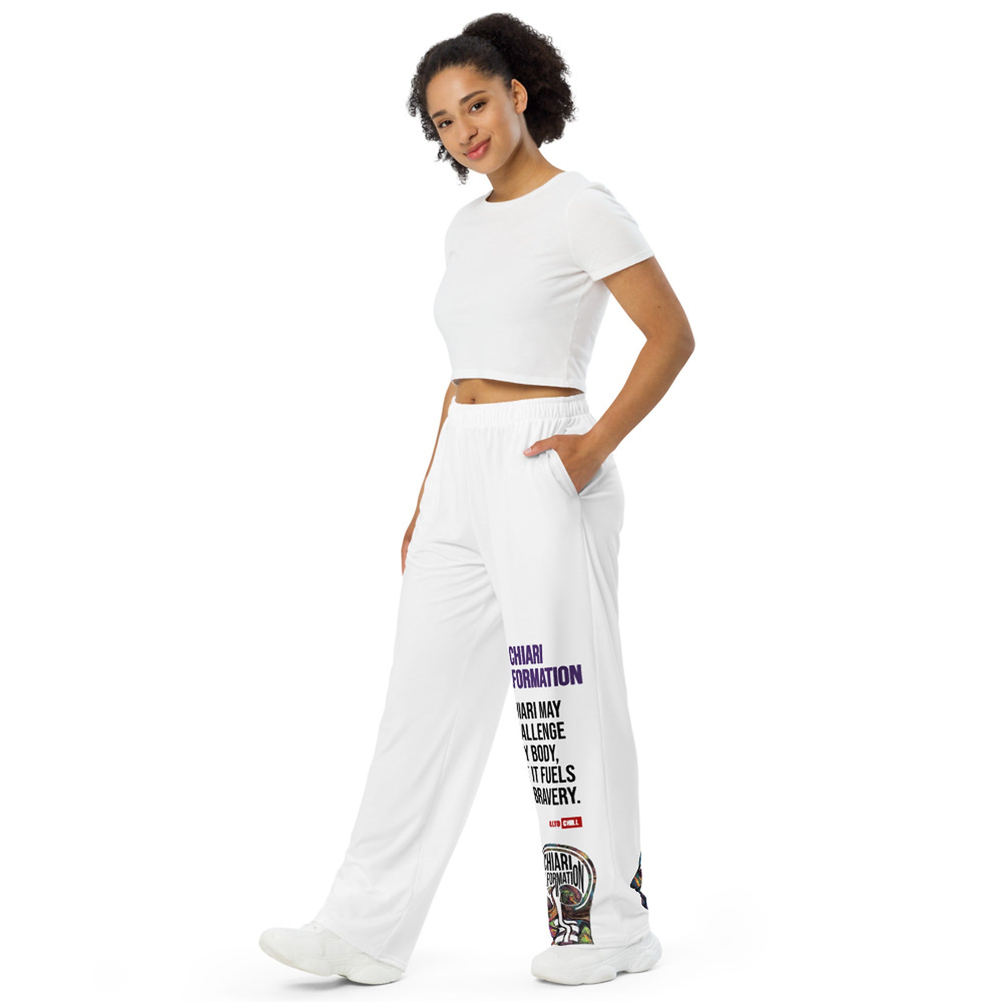 ILLTOCHILL Chiari Malformation Awareness Pants – Women's Left Front (White)