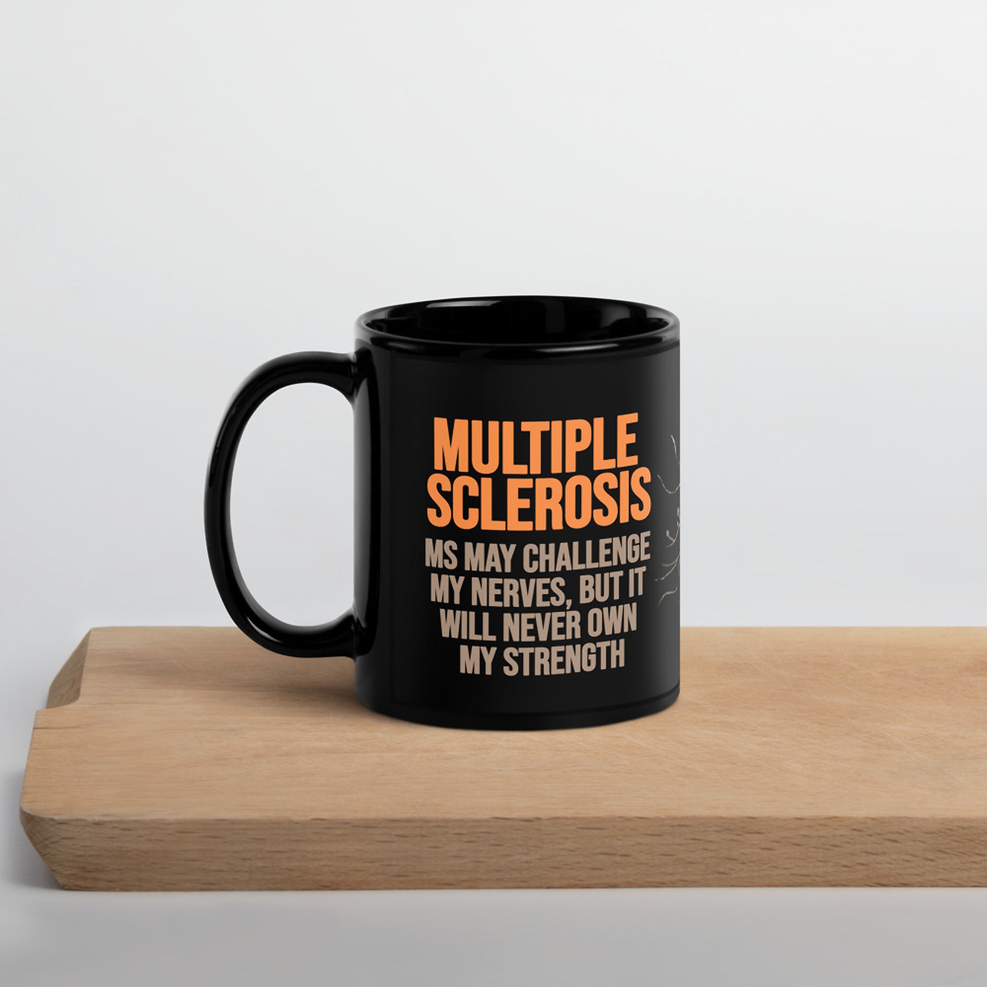 ILLTOCHILL MS awareness Multiple Sclerosis support gift Black Glossy Mug – Lifestyle 3 Handle on Left