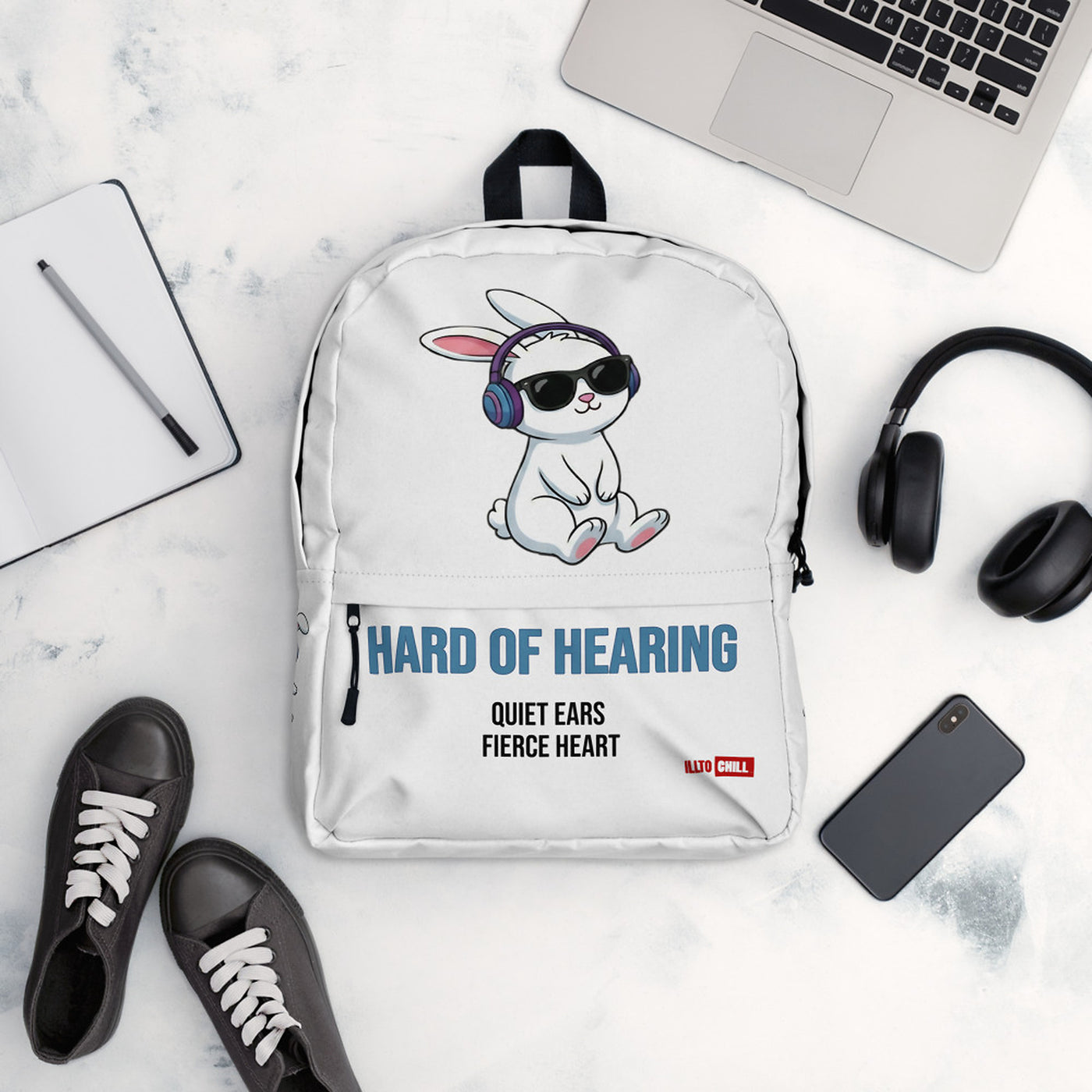 ILLTOCHILL Hard of Hearing Awareness Backpack – Flat Lifestyle Front (Clear)
