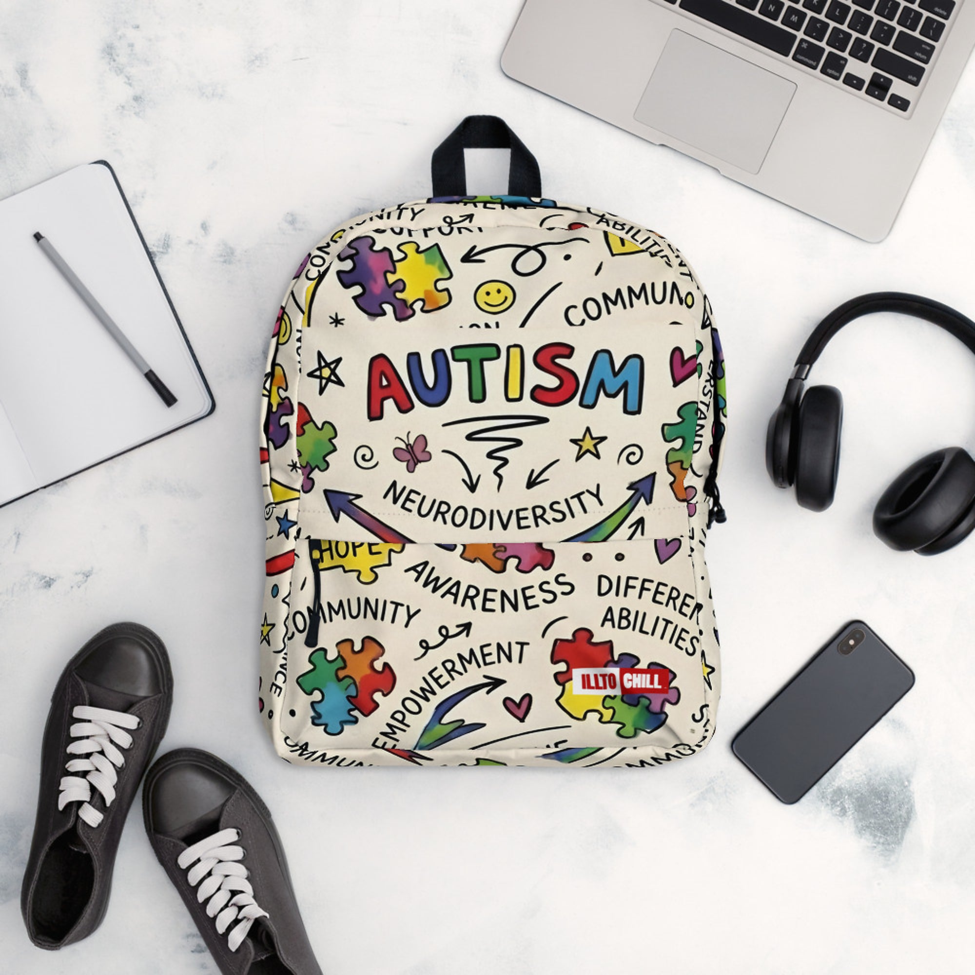 ILLTOCHILL Autism Awareness Backpack – Flat Lifestyle Front (Clear)