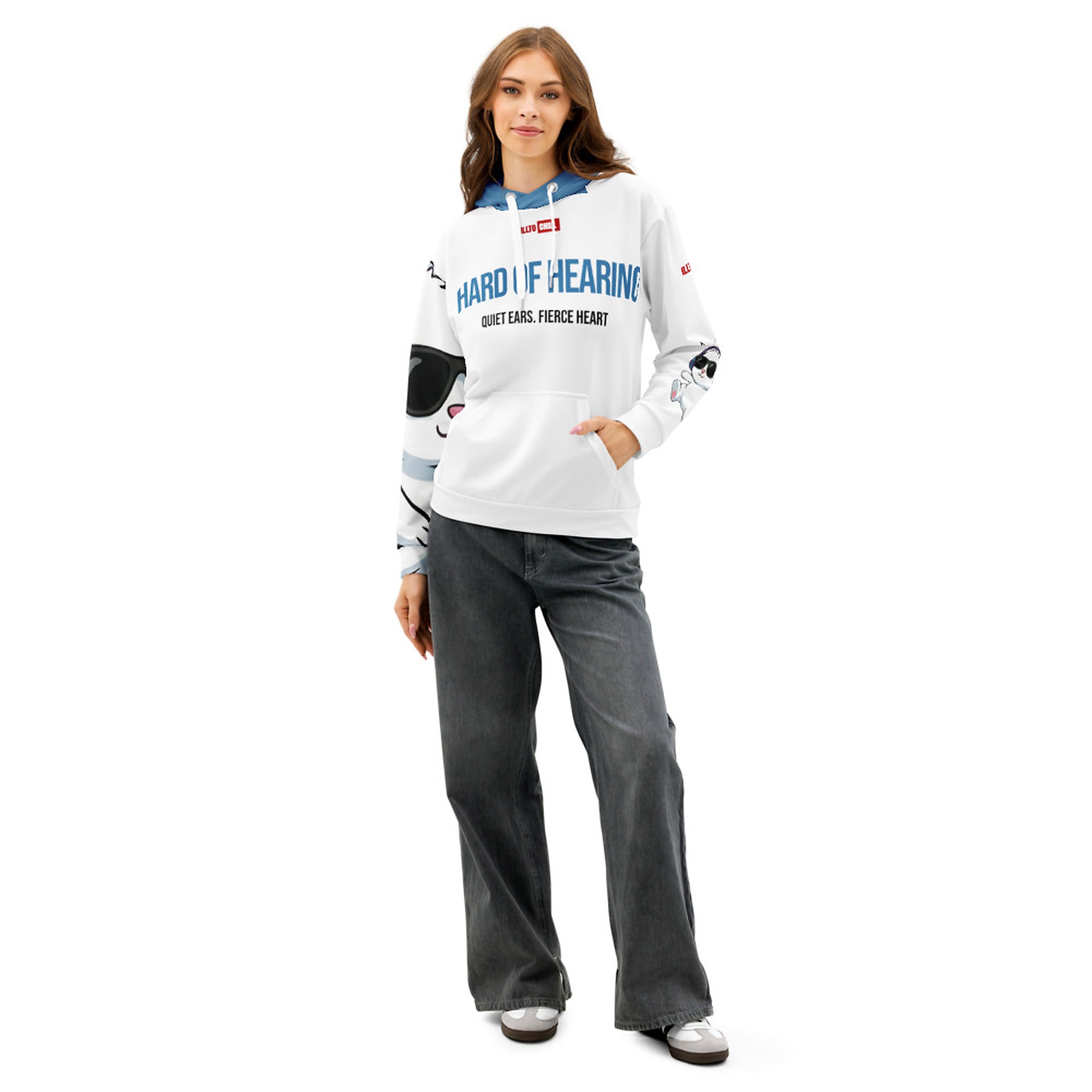 ILLTOCHILL Hard of hearing support gift for hearing impaired Unisex cotton hoodie – Women's Front (White)