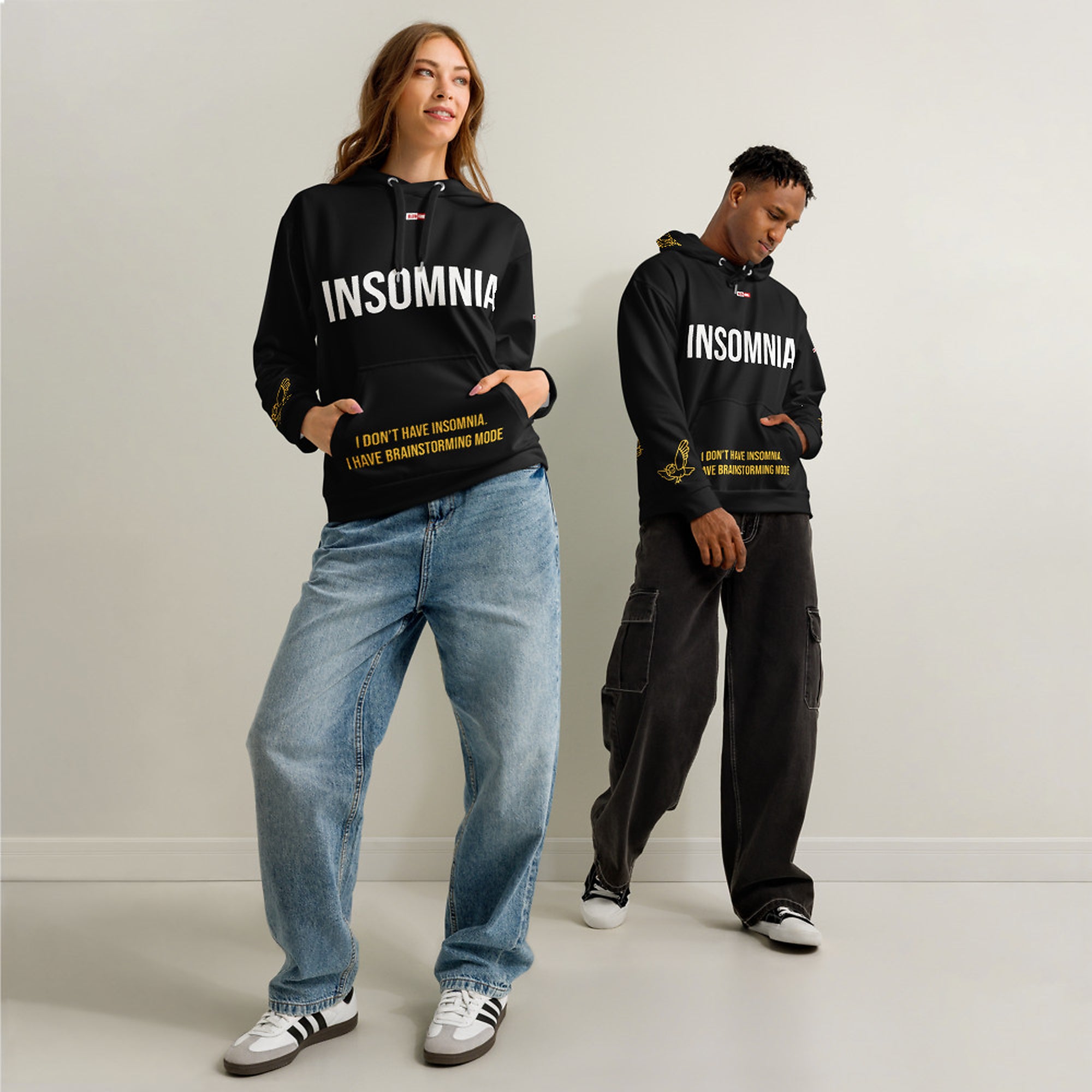 ILLTOCHILL Insomnia Night Owl Unisex Cotton Hoodie – Duet Front (Black)