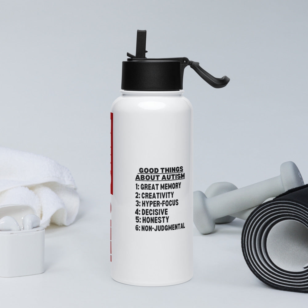 ILLTOCHILL Autism awareness Good things about autism list Autistic support gift Stainless steel water bottle with a straw lid.