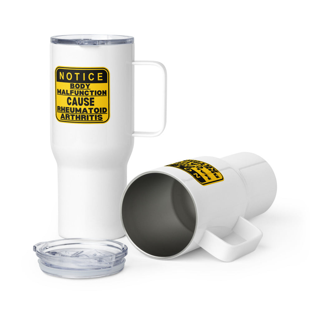 ILLTOCHILL Rheumatoid arthritis awareness Warning sign RA arthritis gift Travel mug with a handle.