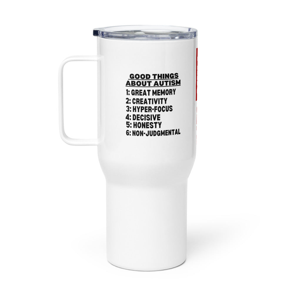 ILLTOCHILL Autism awareness Good things about autism list Autistic support gift Travel mug with a handle.