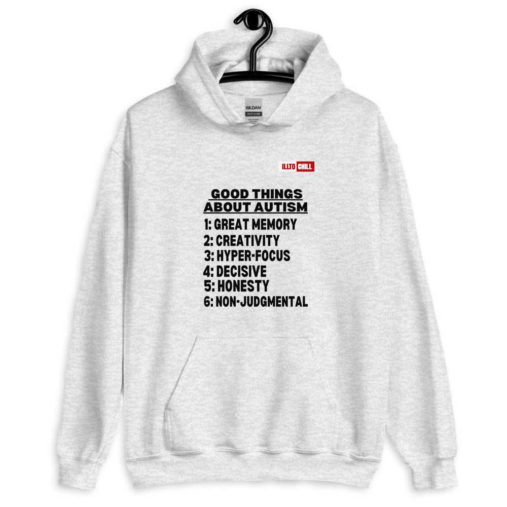 Ash Hoodie Front 2 - ILLTOCHILL Autism awareness 'Good things about autism list' Autistic support gift Unisex Hoodie