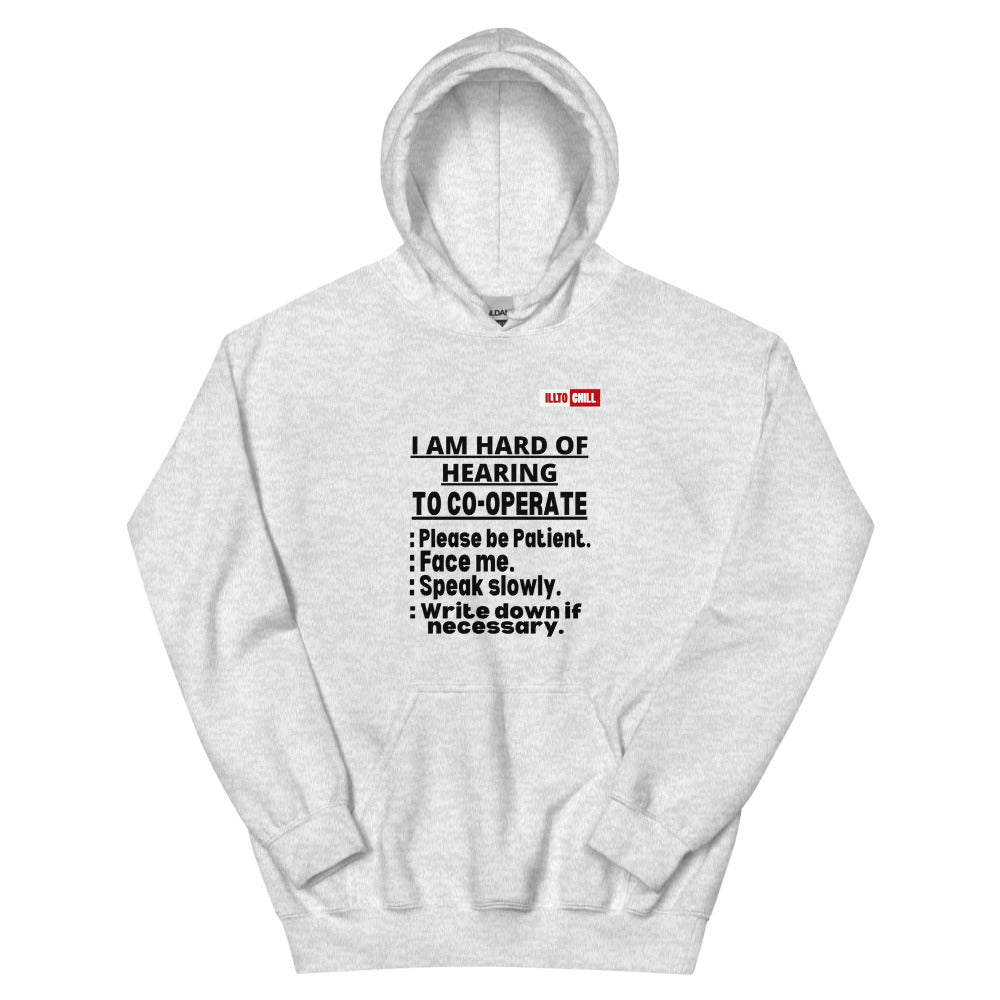 Ash Hoodie Front 1 - ILLTOCHILL Hard of hearing 'Co-opration Steps' hearing impaired gift Unisex Hoodie.