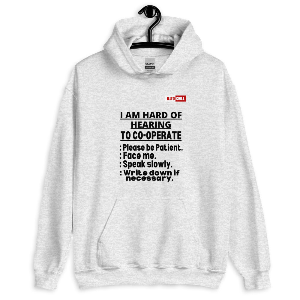 Ash Hoodie Front 2 - ILLTOCHILL Hard of hearing 'Co-opration Steps' hearing impaired gift Unisex Hoodie.