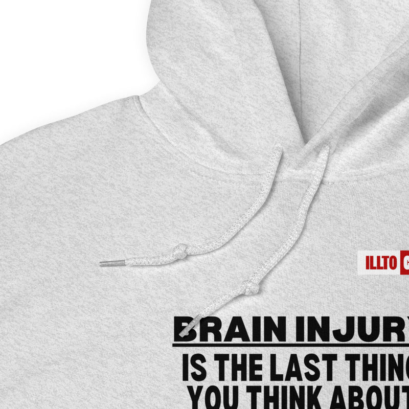 Ash Hoodie Detail 1 - ILLTOCHILL 'Brain injury is the last thing you think about' TBI support thoughtful gift Unisex Hoodie.