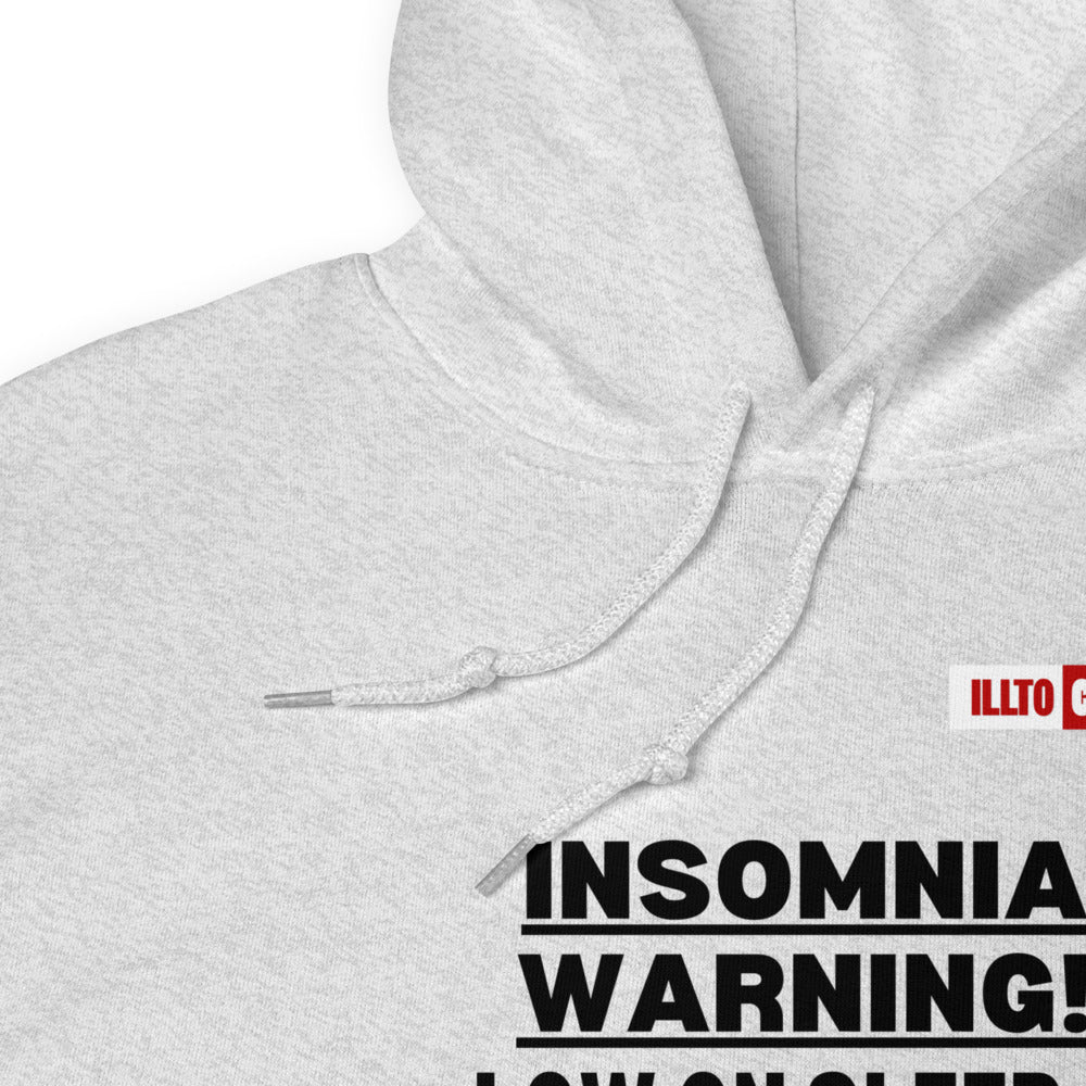 Ash Hoodie Detail 1 - ILLTOCHILL 'Insomnia warning low on sleep' sarcastic insomnia gift Unisex Hoodie.