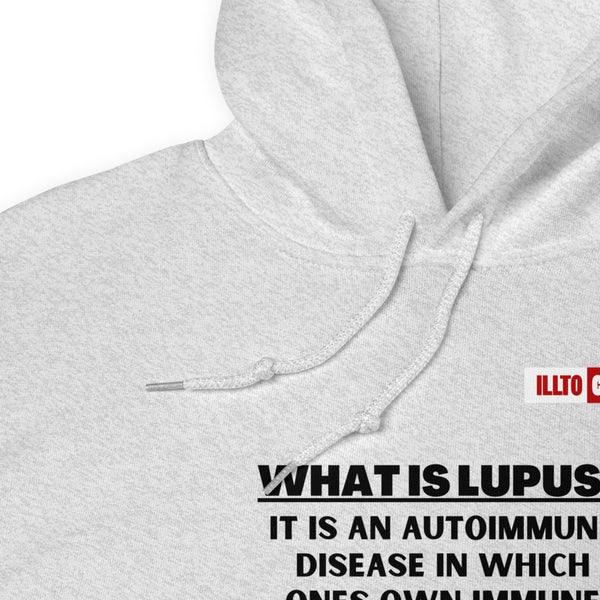 Ash Hoodie Detail 1 - ILLTOCHILL Lupus autoimmune disease awareness 'What is lupus' gift Unisex Hoodie.