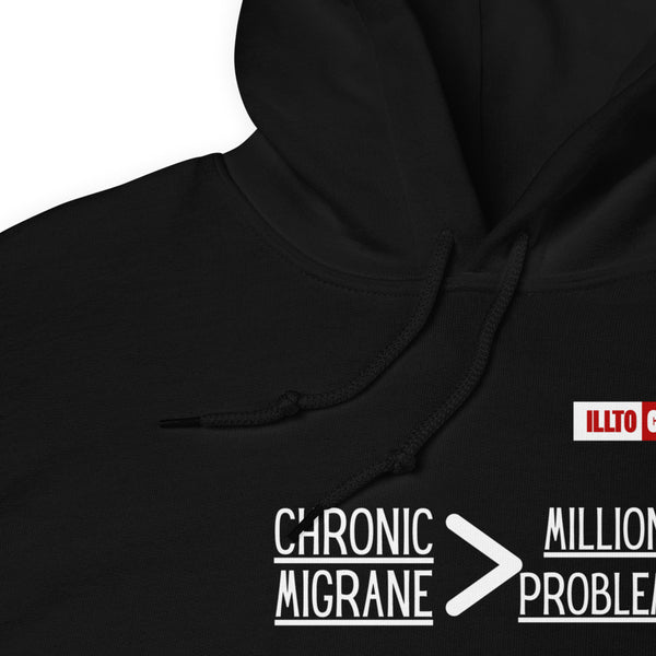 Black Hoodie Detail 1 - ILLTOCHILL 'Chronic migraine greater than Million problems' migraie awareness gift Unisex Hoodie.