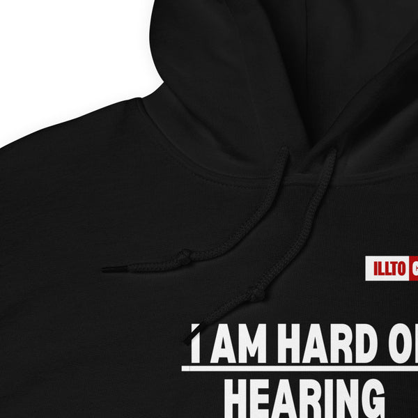 Black Hoodie Detail 1 - ILLTOCHILL 'Hard of hearing can mute anyone anytime' sarcastic hearing impaired gift Unisex Hoodie.