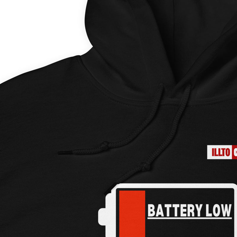 Black Hoodie Detail 1 - ILLTOCHILL Fibromyalgia awareness 'Battery Low' funny fibro gift Unisex Hoodie.
