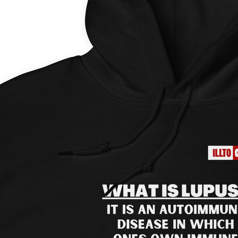 Black Hoodie Detail 1 - ILLTOCHILL Lupus autoimmune disease awareness 'What is lupus' gift Unisex Hoodie.