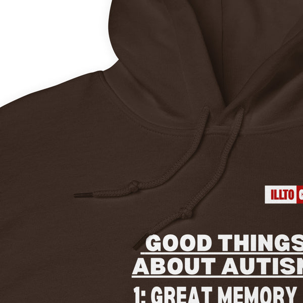 Dark Chocolate Hoodie Detail 1 - ILLTOCHILL Autism awareness 'Good things about autism list' Autistic support gift Unisex Hoodie