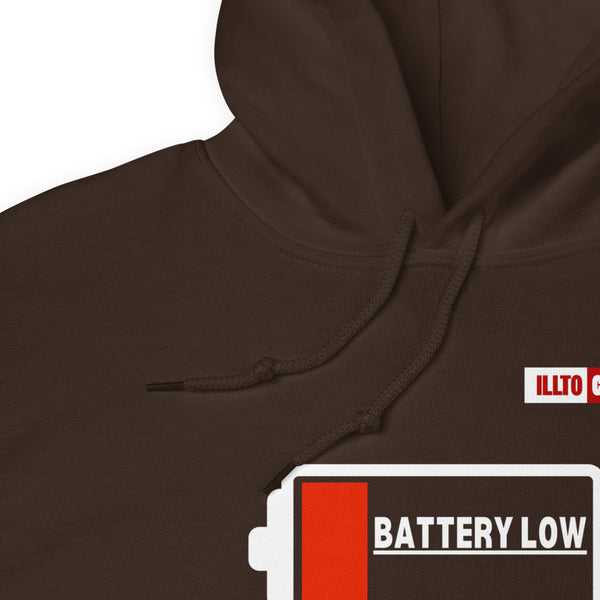 Dark Chocolate Hoodie Detail 1 - ILLTOCHILL Fibromyalgia awareness 'Battery Low' funny fibro gift Unisex Hoodie.