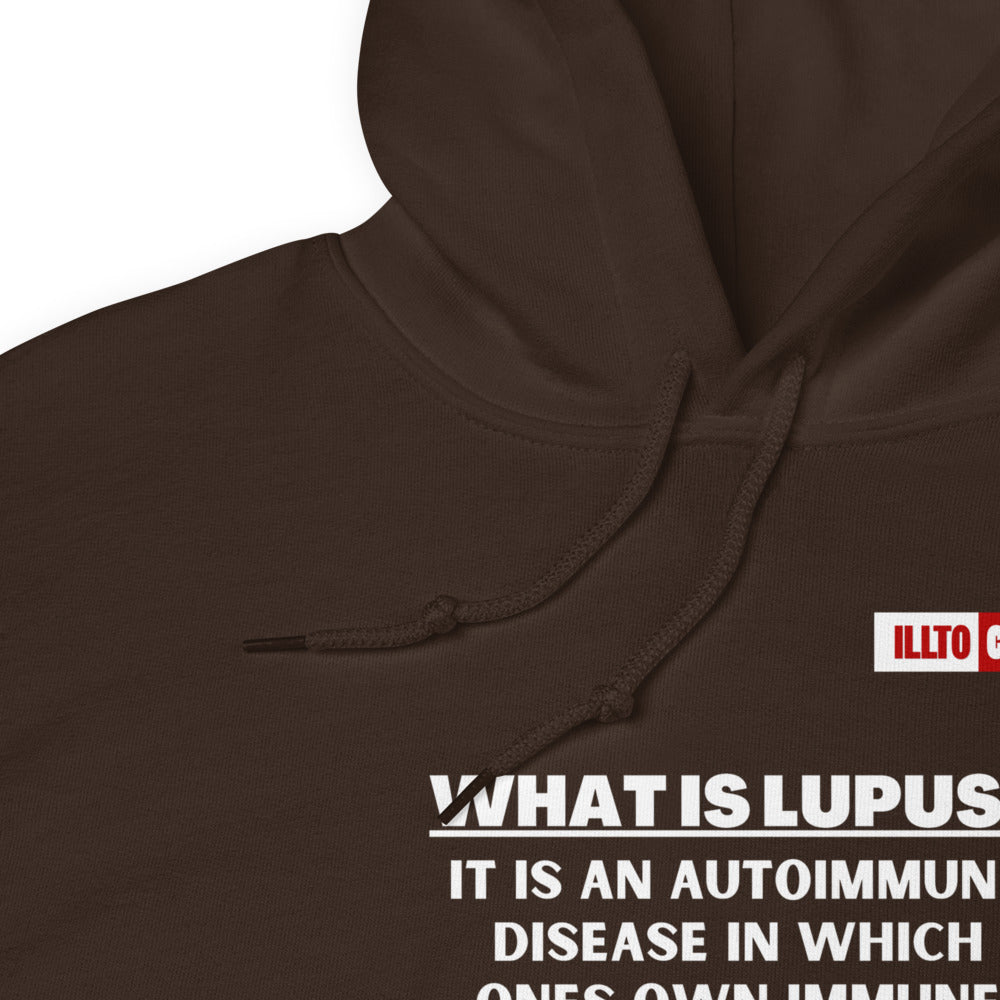 Dark Chocolate Hoodie Detail 1 - ILLTOCHILL Lupus autoimmune disease awareness 'What is lupus' gift Unisex Hoodie.