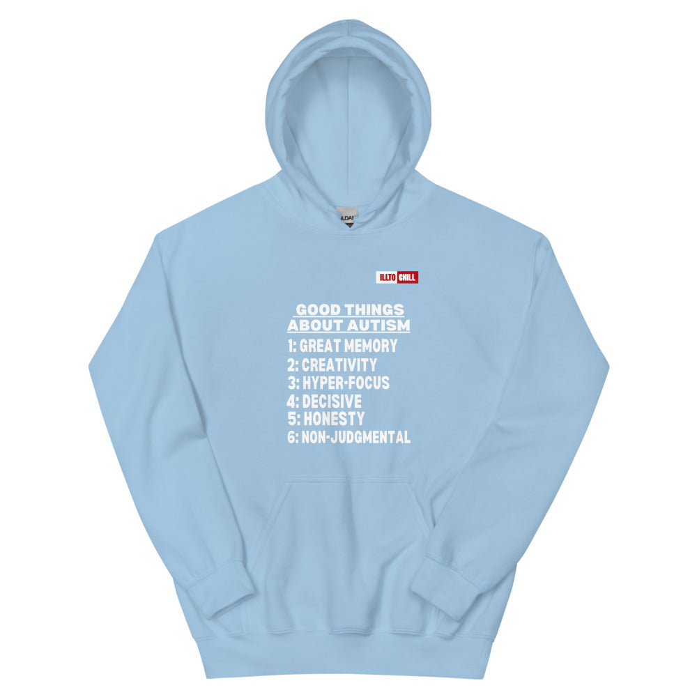 Light Blue Hoodie Front 1 - ILLTOCHILL Autism awareness 'Good things about autism list' Autistic support gift Unisex Hoodie