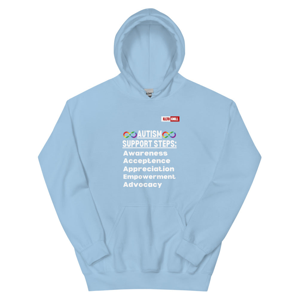 Light Blue Hoodie Front 1 - ILLTOCHILL Autism awareness gift 'Autism support steps' autistic Unisex Hoodie