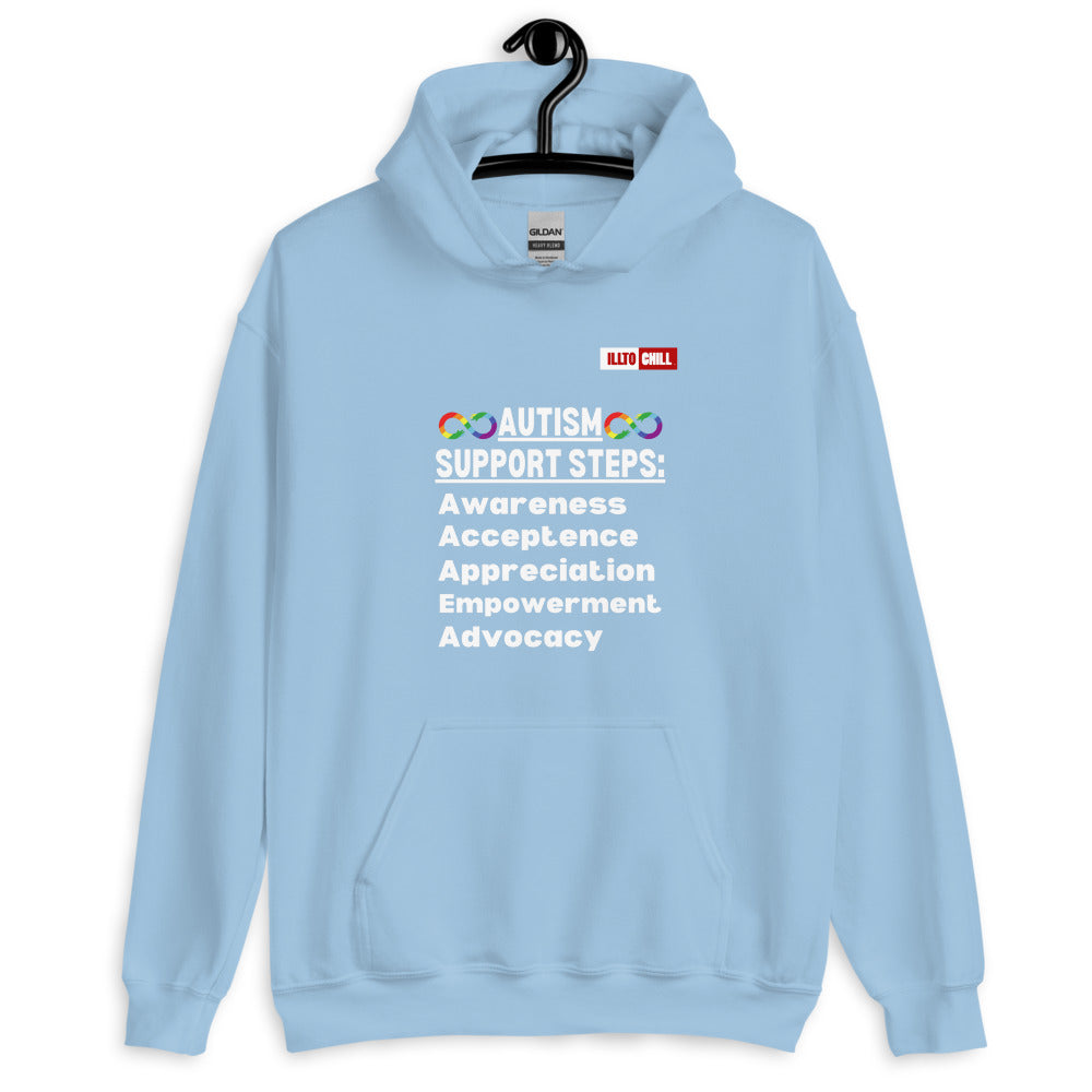 Light Blue Hoodie Front 2 - ILLTOCHILL Autism awareness gift 'Autism support steps' autistic Unisex Hoodie