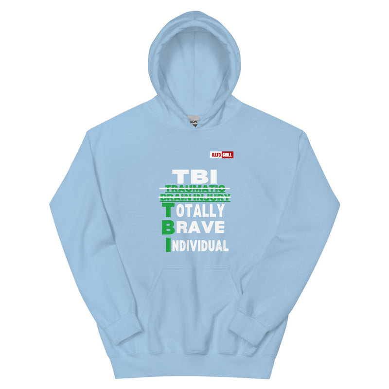 Light Blue Hoodie Front 1 - ILLTOCHILL Brain Injury awareness 'TBI Totally Brave Individual' TBI support gift Unisex Hoodie