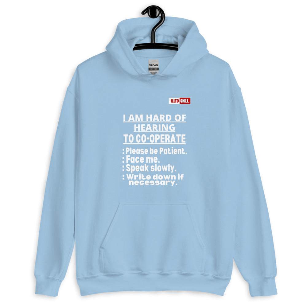Light Blue Hoodie Front 2 - ILLTOCHILL Hard of hearing 'Co-opration Steps' hearing impaired gift Unisex Hoodie.