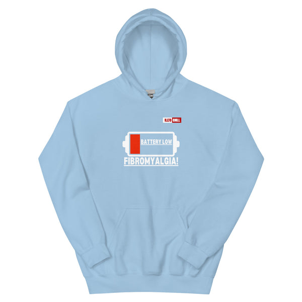 Light Blue Hoodie Front 1 - ILLTOCHILL Fibromyalgia awareness 'Battery Low' funny fibro gift Unisex Hoodie.