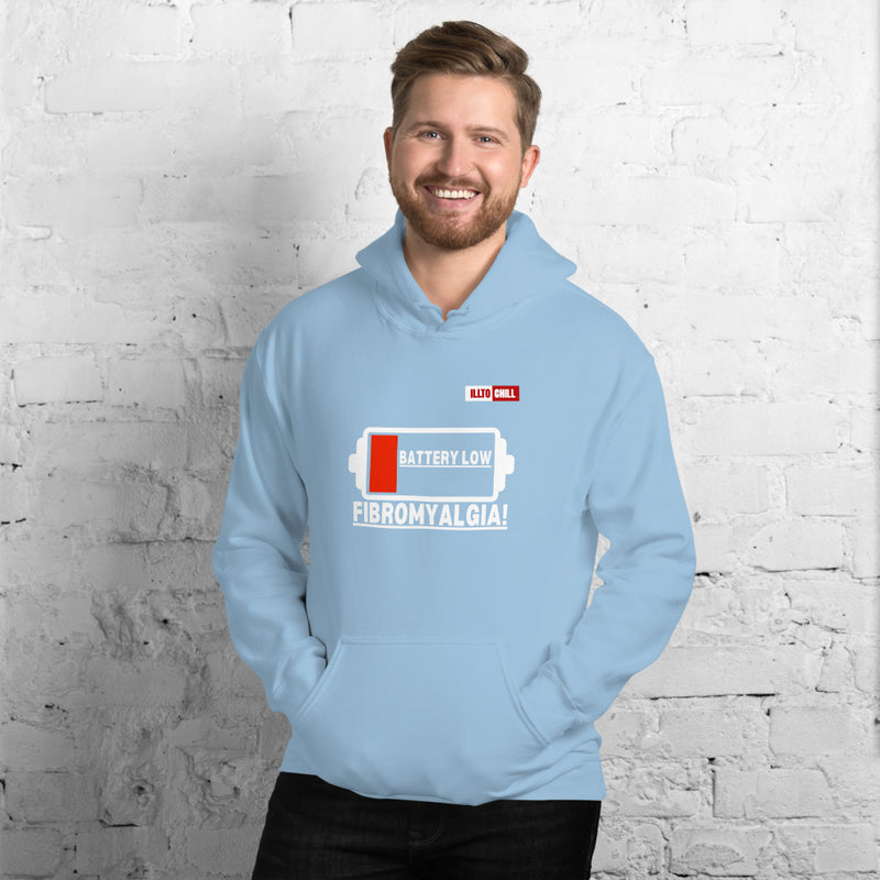Light Blue Hoodie Front 3 - ILLTOCHILL Fibromyalgia awareness 'Battery Low' funny fibro gift Unisex Hoodie.