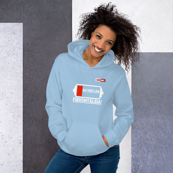 Light Blue Hoodie Front 4 - ILLTOCHILL Fibromyalgia awareness 'Battery Low' funny fibro gift Unisex Hoodie.