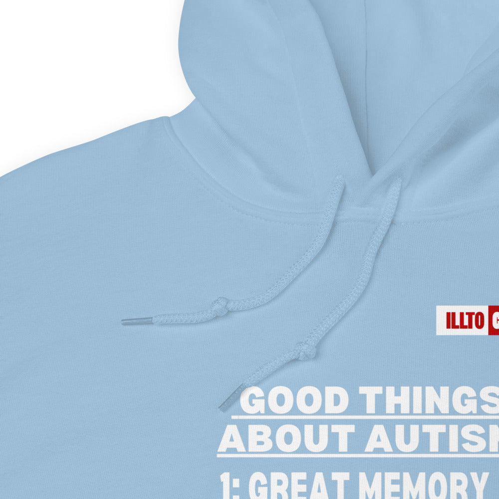 Light Blue Hoodie Detail 1 - ILLTOCHILL Autism awareness 'Good things about autism list' Autistic support gift Unisex Hoodie
