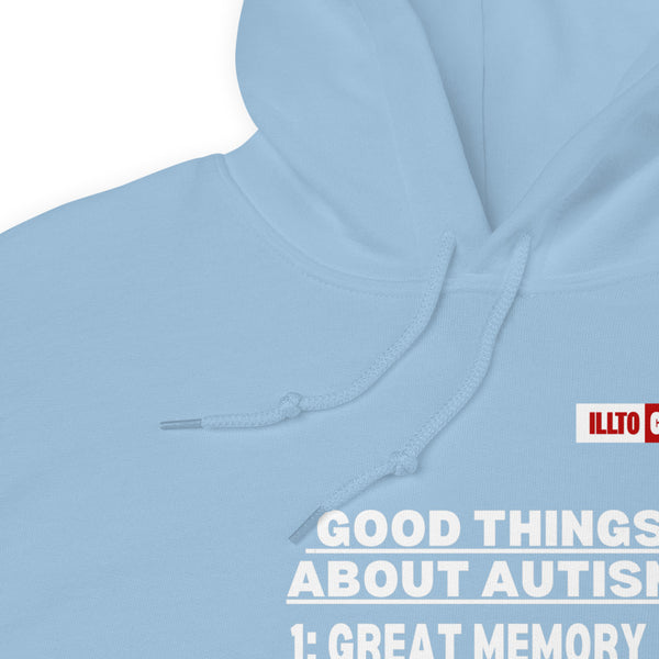 Light Blue Hoodie Detail 1 - ILLTOCHILL Autism awareness 'Good things about autism list' Autistic support gift Unisex Hoodie