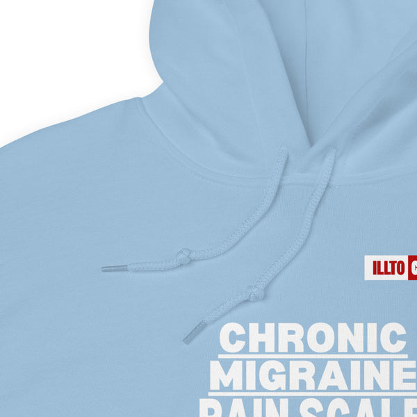 Light Blue Hoodie Detail 1 - ILLTOCHILL Chronic Migraine 'Pain scale' migraine awareness gift Unisex Hoodie.