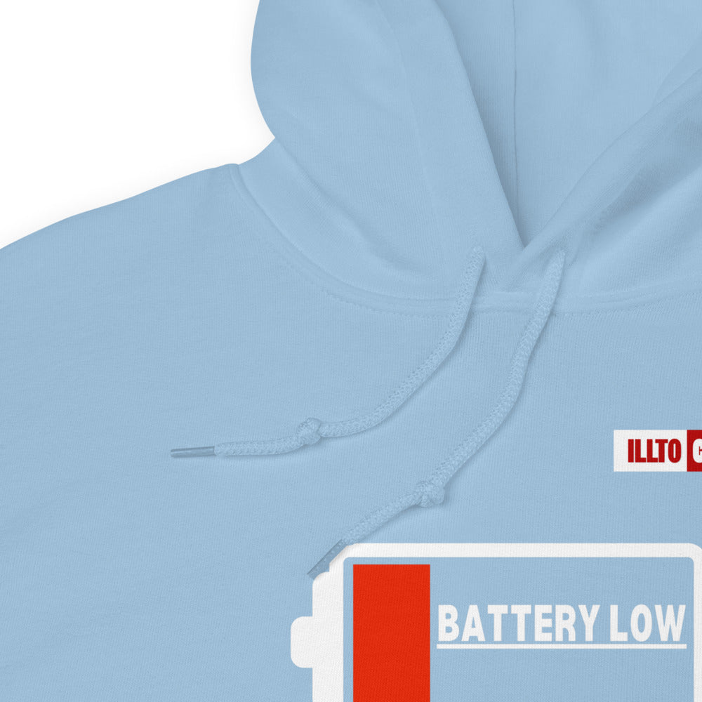 Light Blue Hoodie Detail 1 - ILLTOCHILL Fibromyalgia awareness 'Battery Low' funny fibro gift Unisex Hoodie.