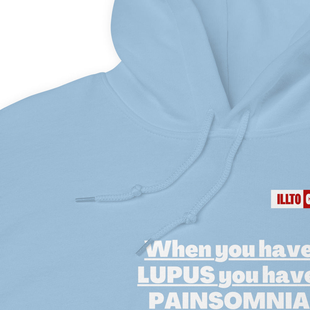 Light Blue Hoodie Detail 1 - ILLTOCHILL 'Lupus Painsomnia' Autoimmune disease lupus awareness gift Unisex Hoodie.